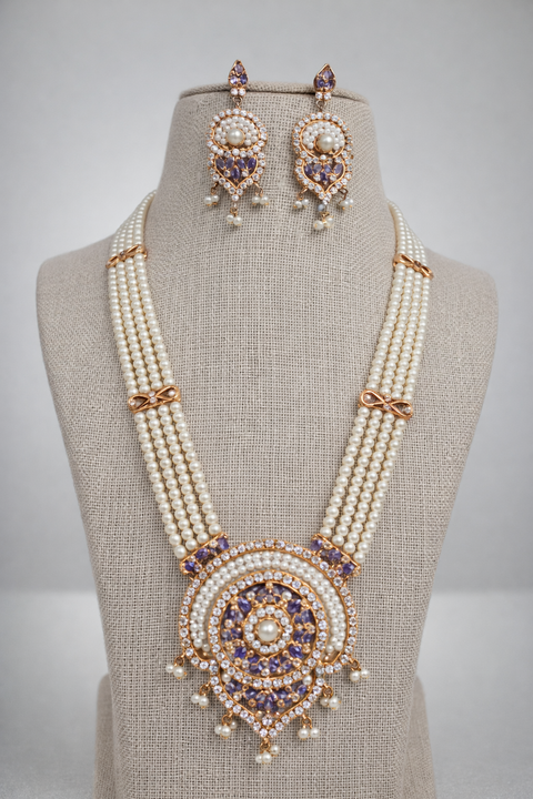 Elegant Multi-Strand Pearl White & Purple Kundan Necklace Set For Women (D1364)
