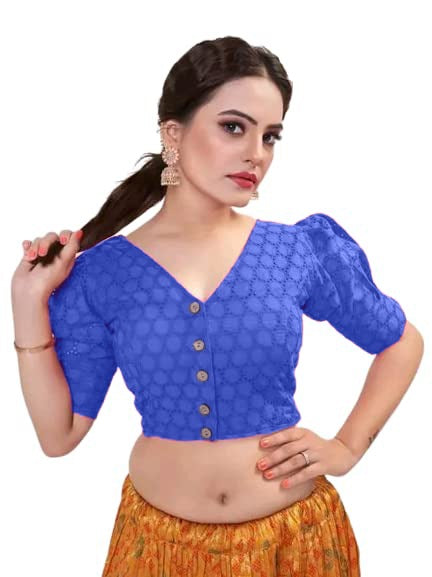 Blue Color Women's Casual Pure Cotton Readymade Designer Saree Blouse (Design 1058)