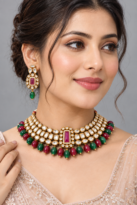Designer Royal  Red And Green Kundan Necklace with Earrings (D597)