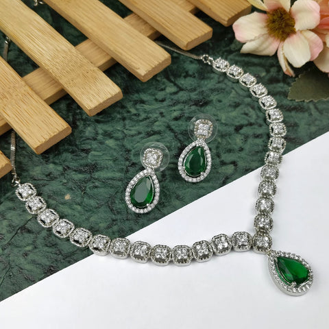 Designer Semi-Precious American Diamond Green Emerald Necklace with Earrings (D708)