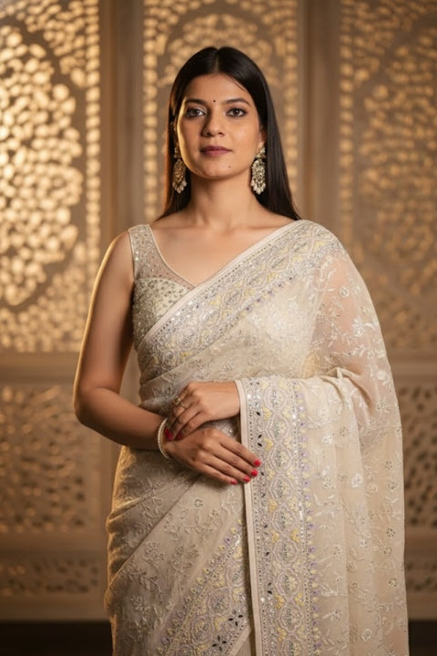 Cream Bollywood Style Stone & Thread Work Georgette Saree for Party Wear (D887)
