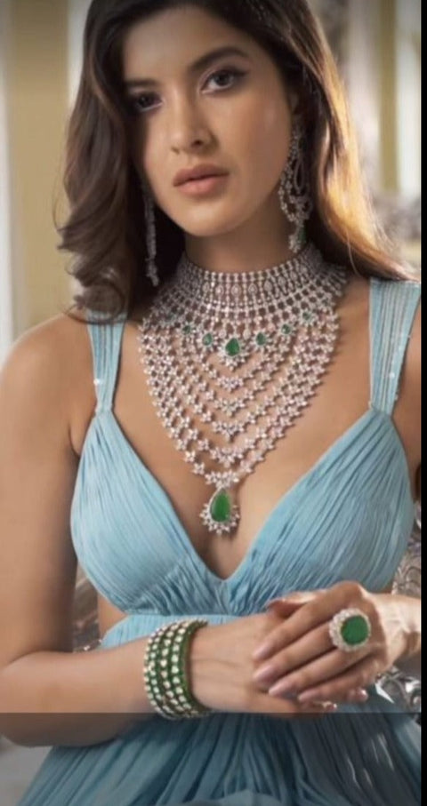 Designer Semi-Precious American Diamond Emerald Long Necklace with Earrings (D802)