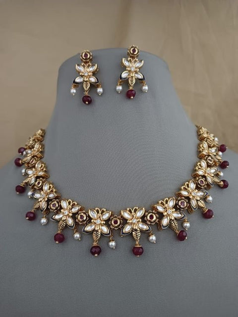 Designer Gold Plated Royal Kundan & Ruby Necklace with Earrings