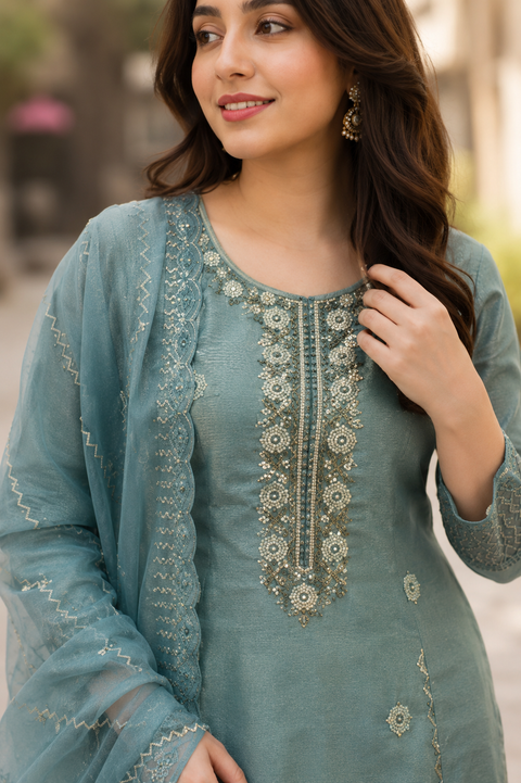 Dusky Green Colour Silk Sequins Cutdana Work Suit with Pant and Dupatta For Party Wear (D1820)