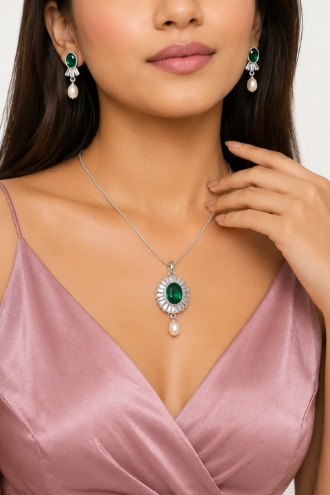 American Diamond Green Silver Colour Pendant Set For Women And Girls (D1313)