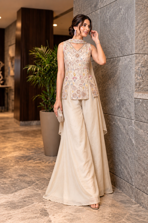 Beige Embroidered Chinon Silk Palazzo Suit with Chiffon Dupatta (D2309)