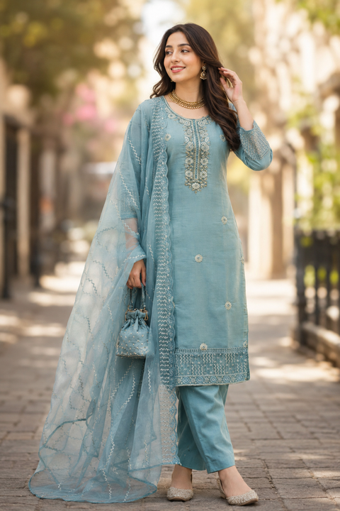 Dusky Green Colour Silk Sequins Cutdana Work Suit with Pant and Dupatta For Party Wear (D1820)