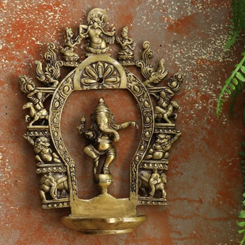 Brass Wall Hanging Diya, Ethnic Indian Carving Brass Dancing Ganesha Diya with Prabhavali Frame, Indian Home Decor, Ganesha Hanging Diya (Design 17)