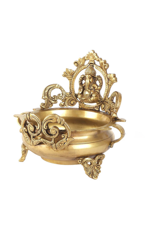 Brass Ganesha Urli, Brass Urli Bowl, Ethnic Carved Ganesha Design 7 Inches Brass Decor Urli Decor Bowl, Decorative Urli for Corner Tables (Design 28)
