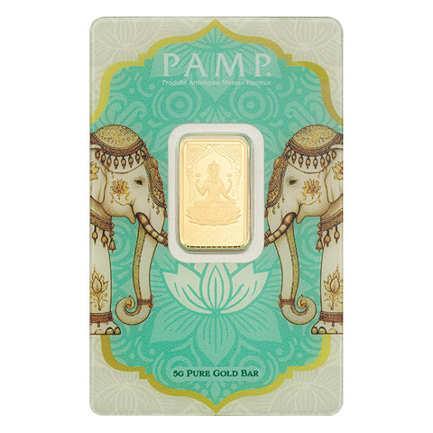 24KT 5 Gram PAMP  Diwali Lakshmi and Sacred Elephant  Gold Bar (GC8)