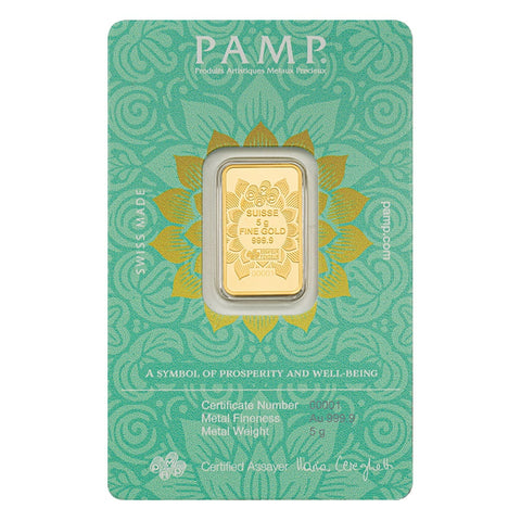 24KT 5 Gram PAMP  Diwali Lakshmi and Sacred Elephant  Gold Bar (GC8)