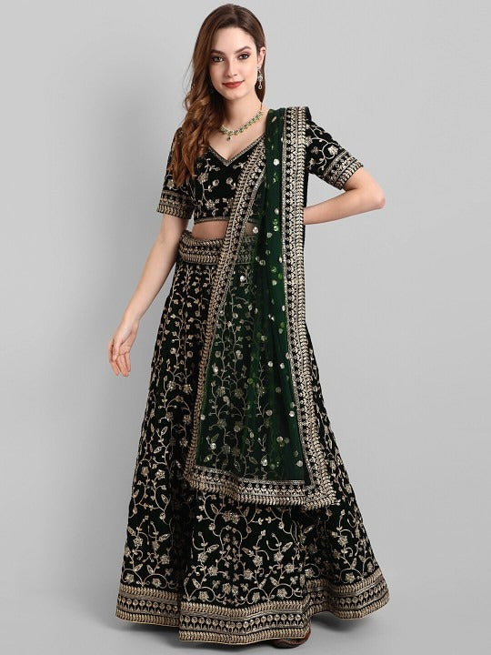 Bottle Green Colored Designer Velvet Lehenga Choli (D449)