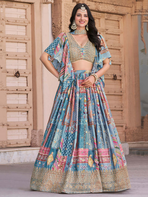 Lovely Sky Blue Zari Embroidery Chinon Reception Wear Lehenga Choli With Dupatta (D1021)