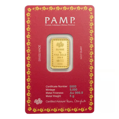 24KT 5 Gram PAMP  Diwali Lakshmi & Sacred Cow  Gold Bar (GC9)