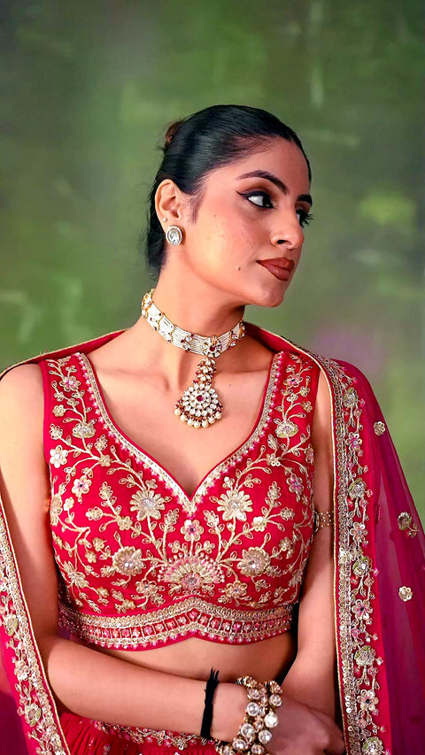 Red Silk Fabric Sequins Embroidery Lehenga & Blouse With Dupatta (D1007)