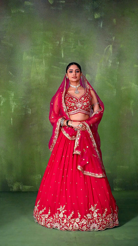 Red Silk Fabric Sequins Embroidery Lehenga & Blouse With Dupatta (D1007)