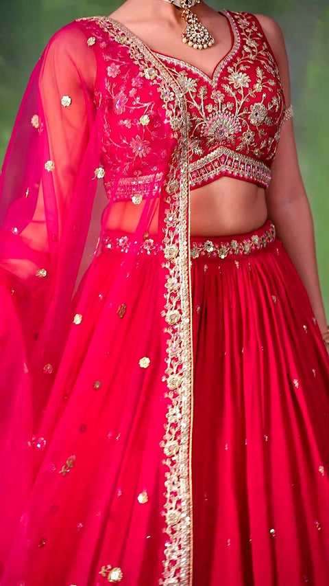 Red Silk Fabric Sequins Embroidery Lehenga & Blouse With Dupatta (D1007)