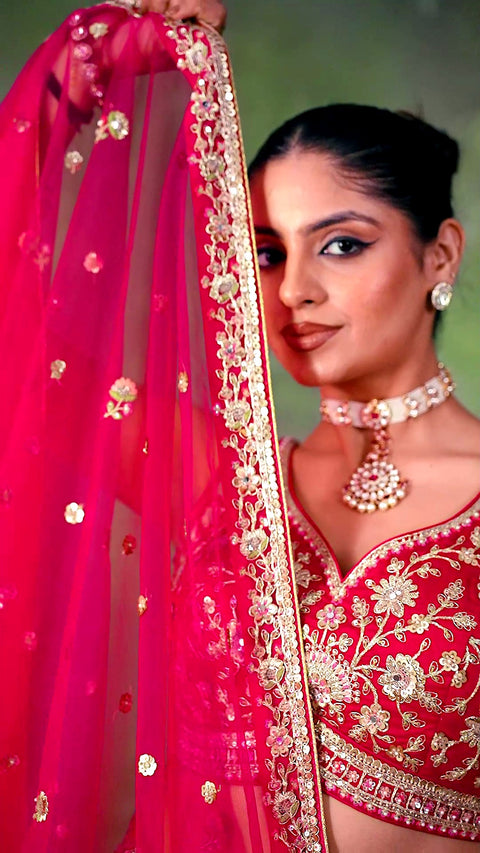 Red Silk Fabric Sequins Embroidery Lehenga & Blouse With Dupatta (D1007)