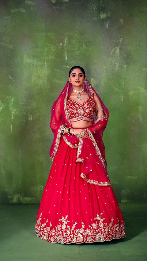 Red Silk Fabric Sequins Embroidery Lehenga & Blouse With Dupatta (D1007)