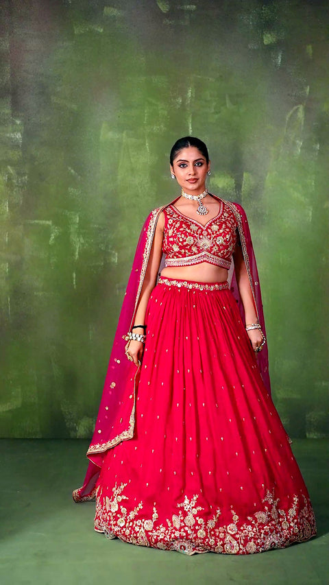 Red Silk Fabric Sequins Embroidery Lehenga & Blouse With Dupatta (D1007)