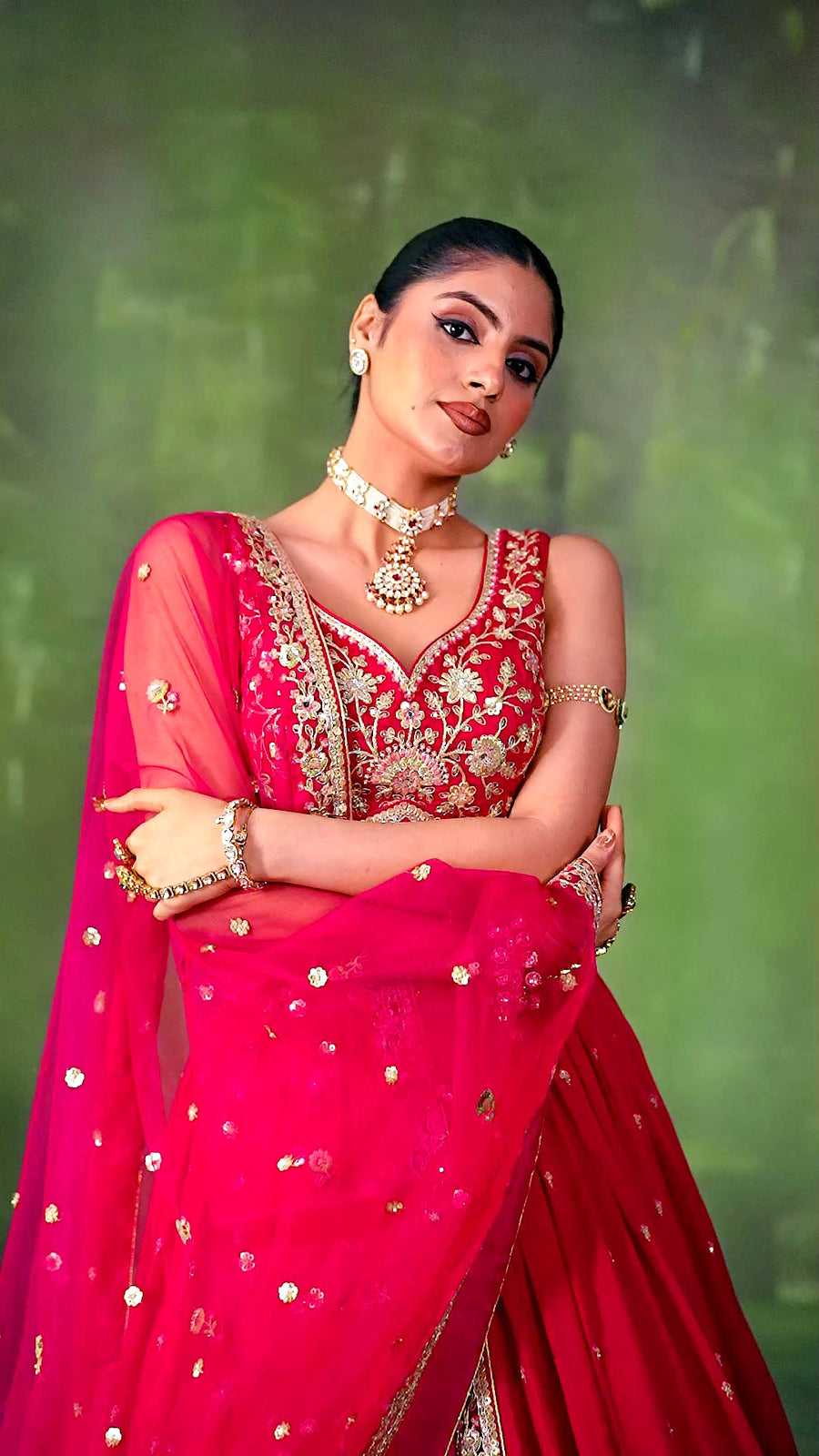 Red Silk Fabric Sequins Embroidery Lehenga & Blouse With Dupatta (D1007)