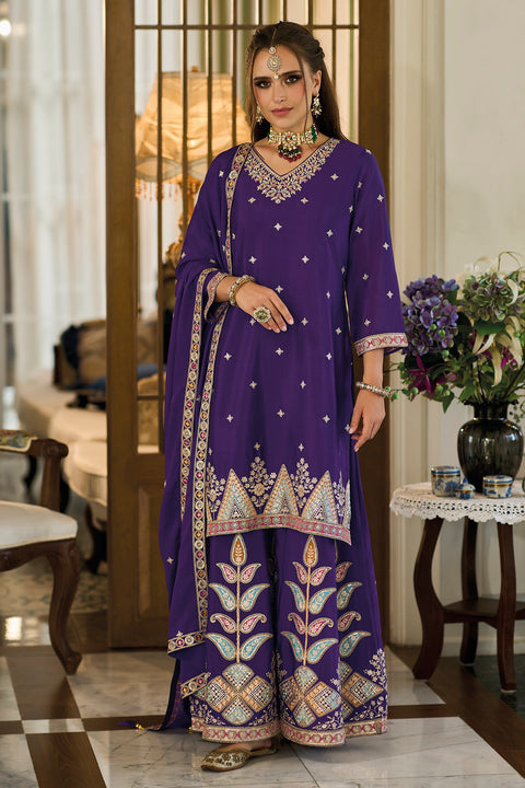 Designer Purple Color Suit with Palazzo & Dupatta in Chinon (D1060)