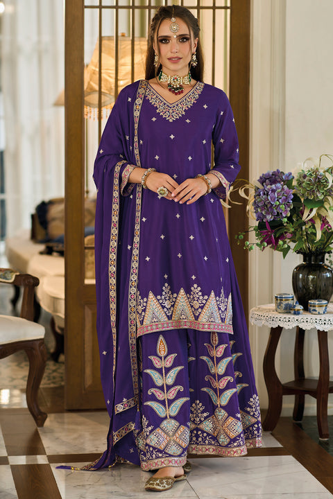 Designer Purple Color Suit with Palazzo & Dupatta in Chinon (D1060)