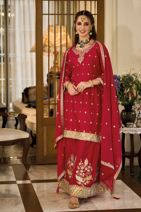 Designer Red Color Suit with Palazzo & Dupatta in Chinon (D1058)