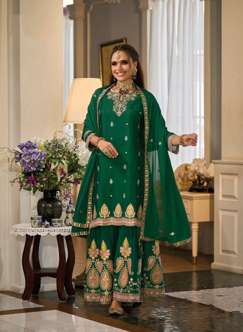 Designer Green Color Suit with Palazzo & Dupatta in Chinon (D1059)