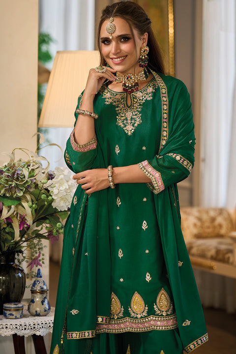 Designer Green Color Suit with Palazzo & Dupatta in Chinon (D1059)