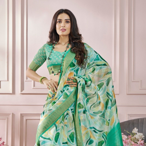 Green Printed Silk Cotton Saree (D820)