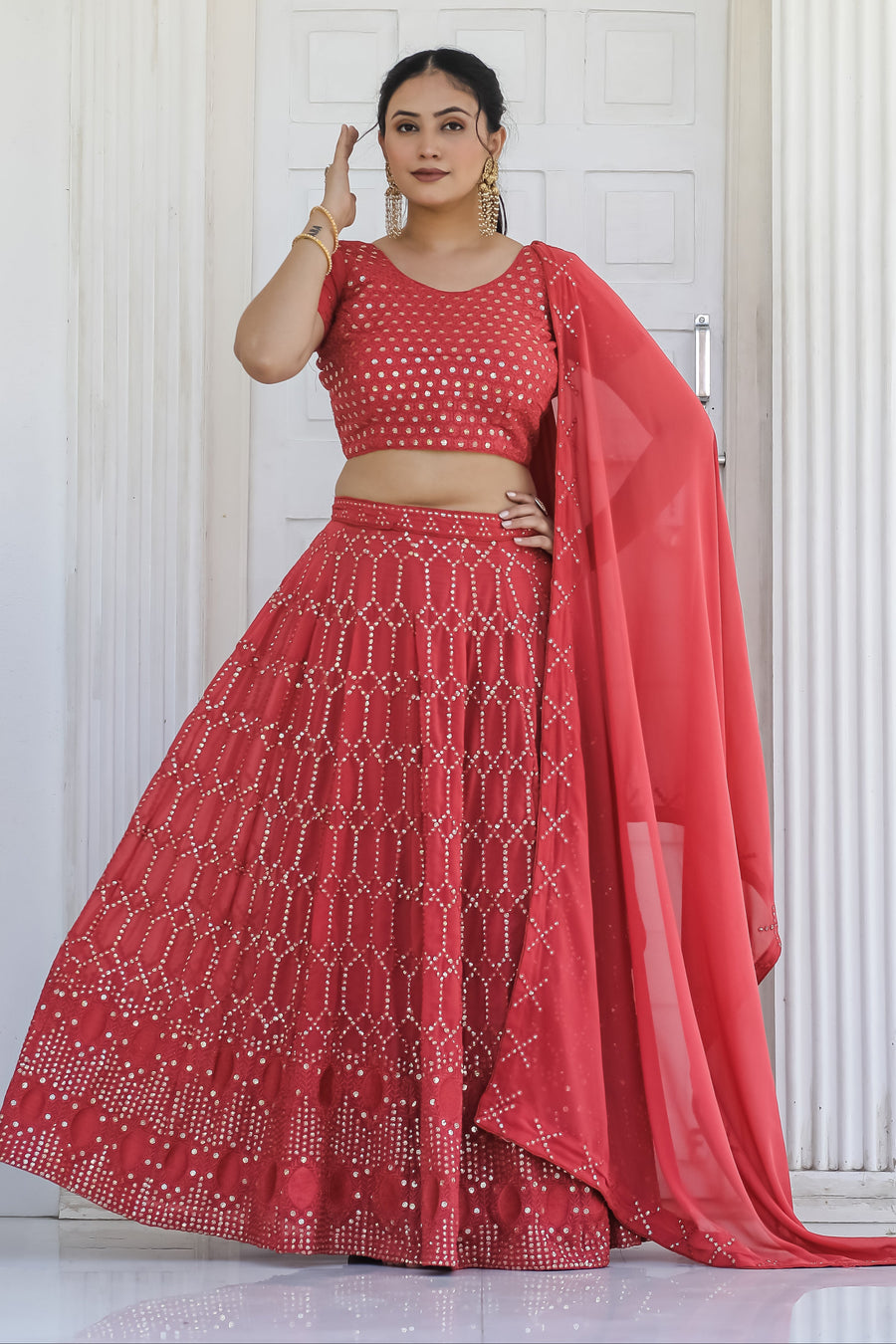 Carrot Red Embroidered Georgette Flared Style Lehenga Set (D614) (DEAL)