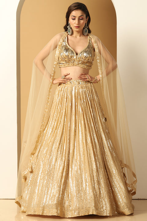 Gold Georgette Cutdana Embroidered Lehenga Set For Party Wear (D380)