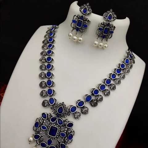 Designer Silver Oxidized & Blue Color Beaded Necklace with Earrings (D323)
