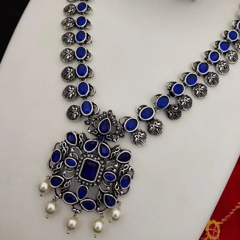 Designer Silver Oxidized & Blue Color Beaded Necklace with Earrings (D323)