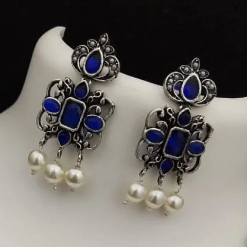Designer Silver Oxidized & Blue Color Beaded Necklace with Earrings (D323)