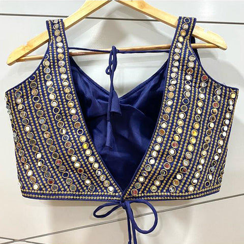 New Arrival Silk Imported Fabric Navy Blue Fully Stitched Blouse with Mirror Work For Casual Party - PAAIE
