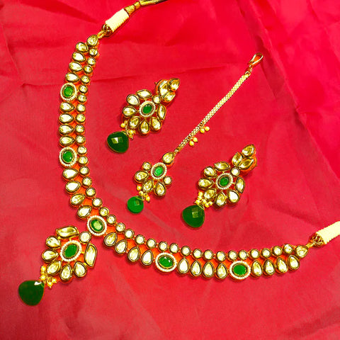 Designer Gold Plated Royal Kundan & Emerald Necklace with Earrings (D655) - Depricate