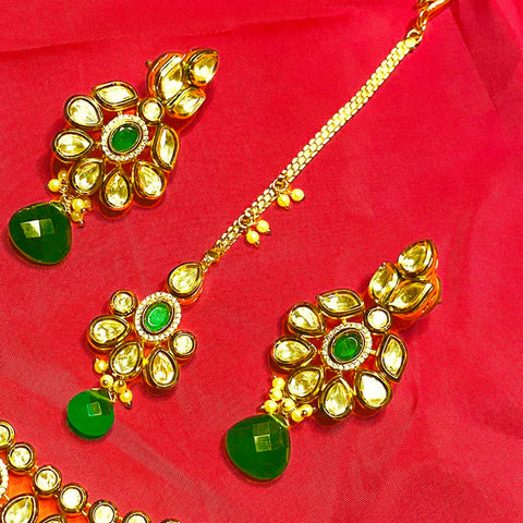 Designer Gold Plated Royal Kundan & Emerald Necklace with Earrings (D655) - Depricate
