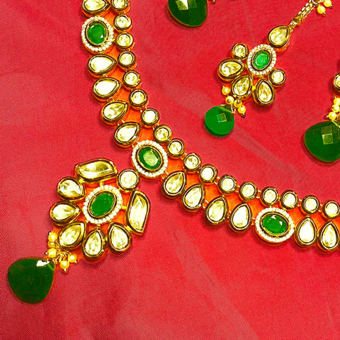 Designer Gold Plated Royal Kundan & Emerald Necklace with Earrings (D655) - Depricate
