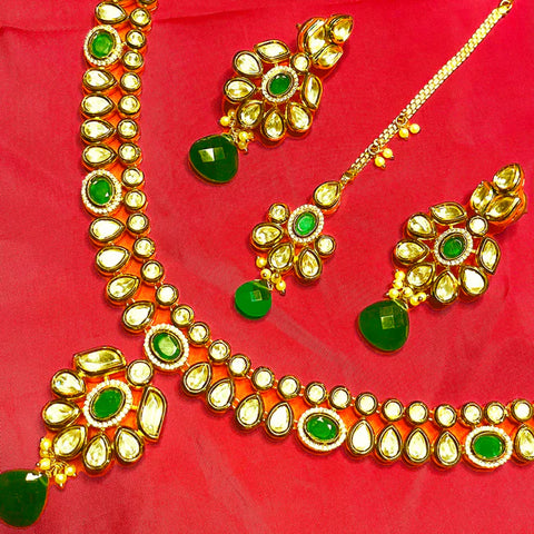 Designer Gold Plated Royal Kundan & Emerald Necklace with Earrings (D655) - Depricate
