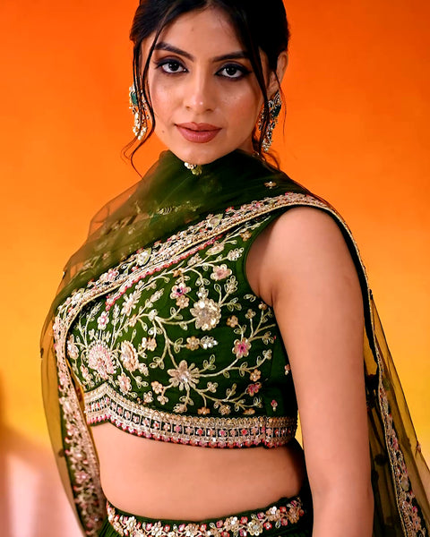Mehndi Green Silk Fabric Sequins Embroidery Lehenga & Blouse With Dupatta (D936)