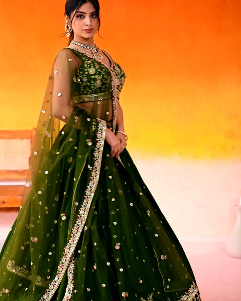 Mehndi Green Silk Fabric Sequins Embroidery Lehenga & Blouse With Dupatta (D936)
