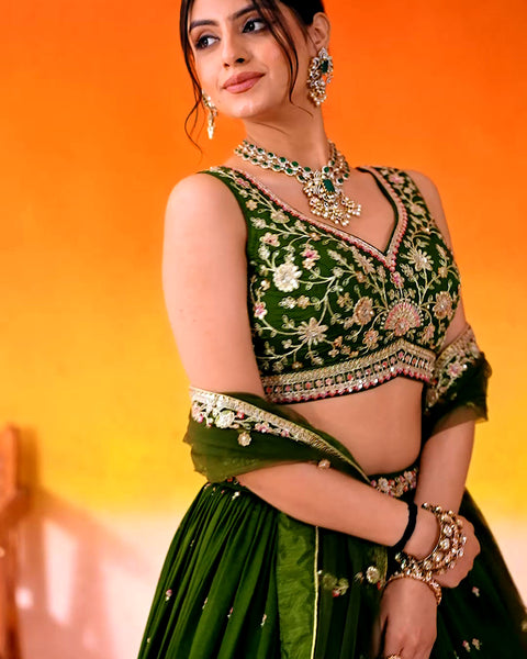 Mehndi Green Silk Fabric Sequins Embroidery Lehenga & Blouse With Dupatta (D936)