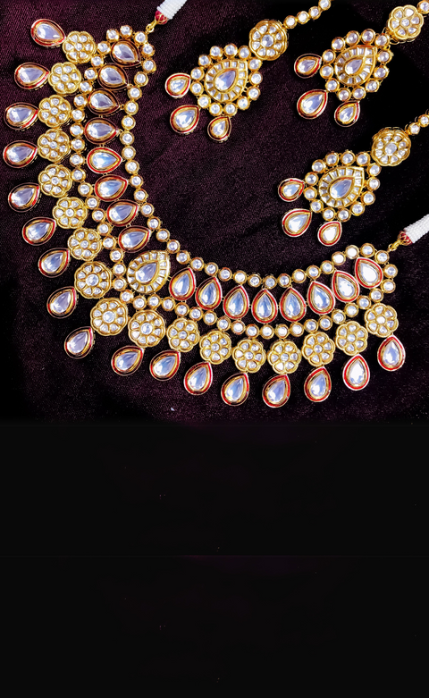 Designer Bridal Gold Plated Royal Kundan Necklace With Earrings & Mangtikka