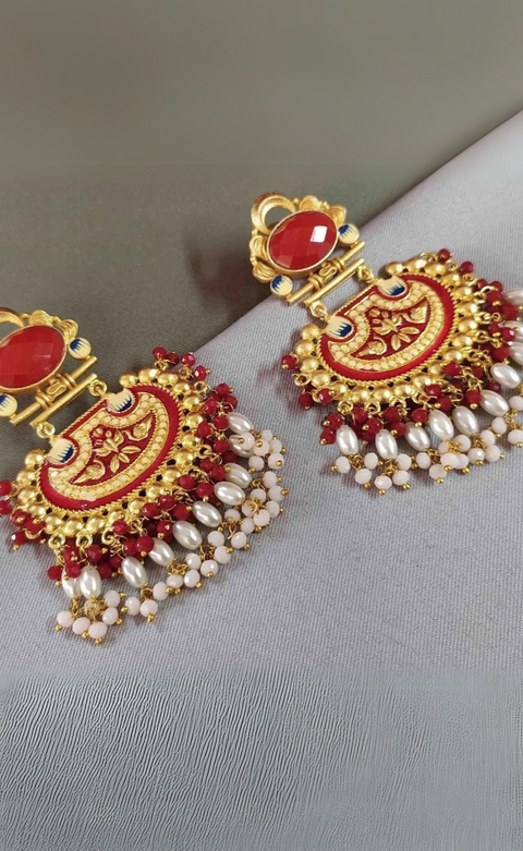 Golden & Red Enameled Pearl Beautifully Designed Amrapali Earrings (E271)