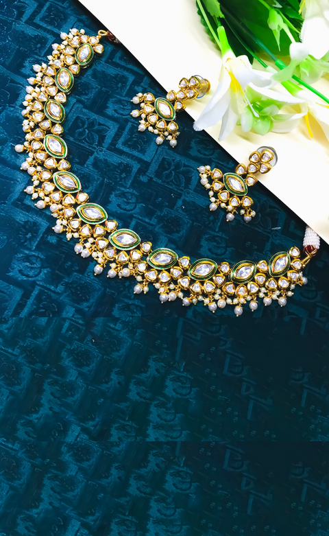 Designer Gold Plated Royal Kundan Necklace with Earrings