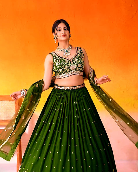 Mehndi Green Silk Fabric Sequins Embroidery Lehenga & Blouse With Dupatta (D936)
