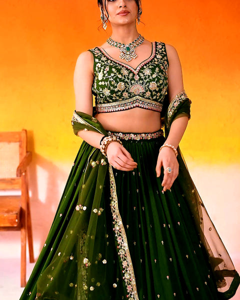 Mehndi Green Silk Fabric Sequins Embroidery Lehenga & Blouse With Dupatta (D936)