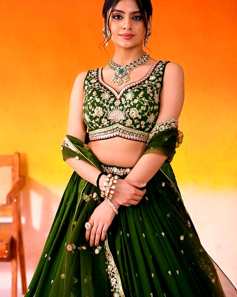 Mehndi Green Silk Fabric Sequins Embroidery Lehenga & Blouse With Dupatta (D936)
